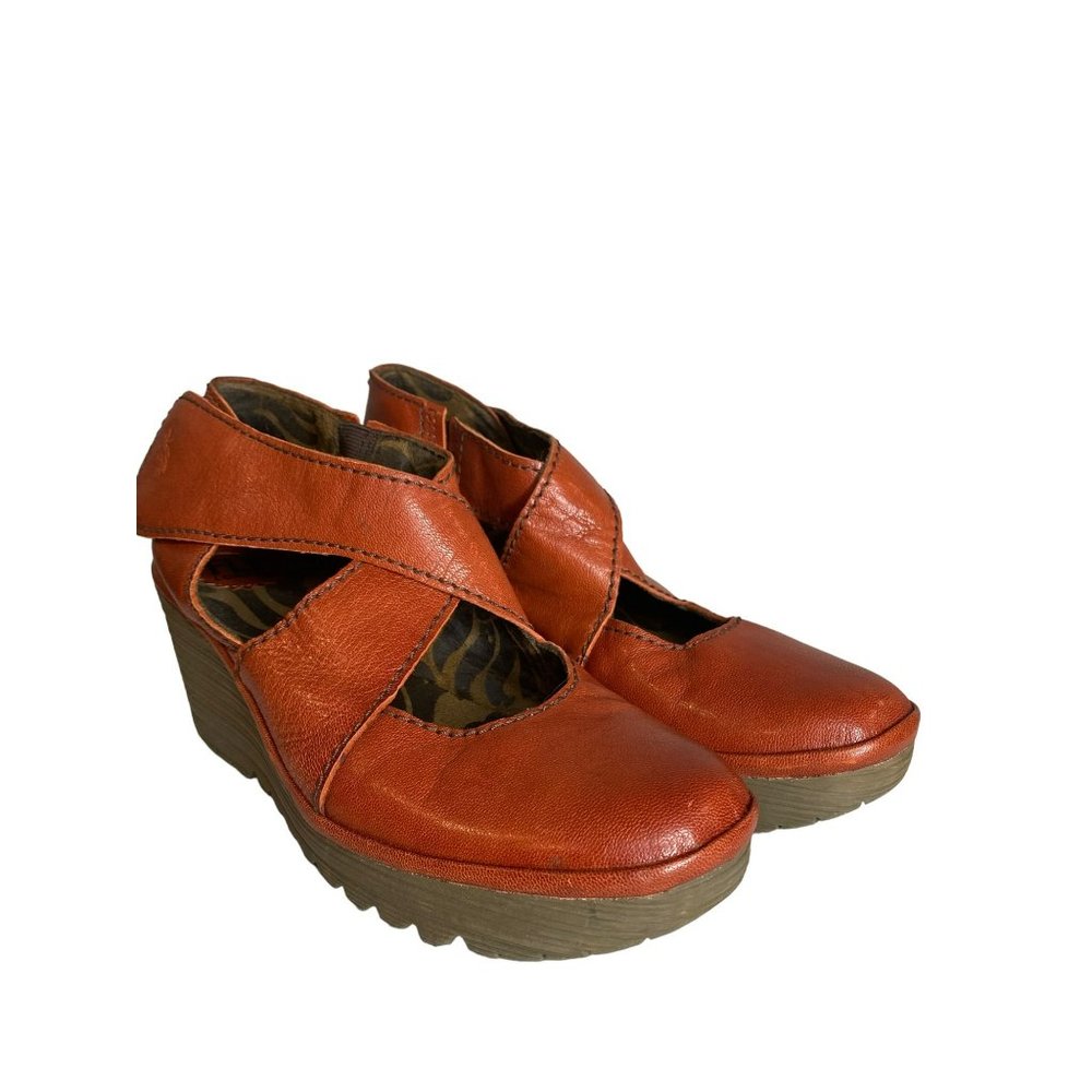 Fly London Yogo Wedge Leather Heel Shoes Criss Cross Strap Size 39